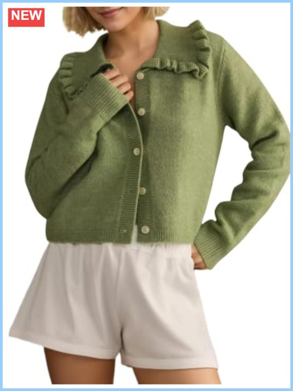 Ruffle Collar Button Down Knit Cardigan Sweater Preppy Long Sleeve